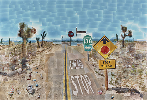 <em>Pearblossom Hwy., 11-18<sup>th</sup> April 1986, #2</em>, April 11-18, 1986, David Hockney, collage of chromogenic prints. 71 ½ x 107 in. The J. Paul Getty Museum. © 1986 David Hockney.