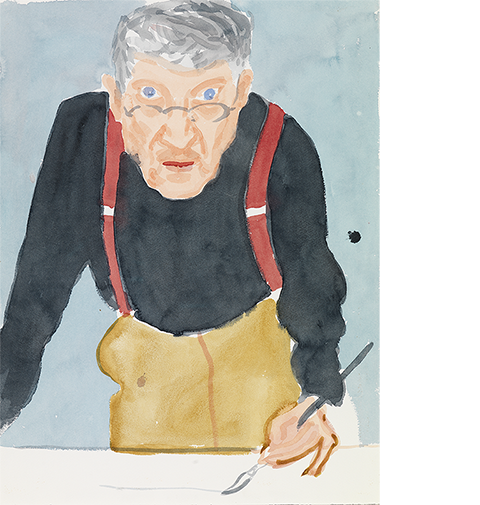 <em>Self Portrait with Red Braces</em>, 2003, David Hockney, watercolor on paper. 24 x 18 1/18 in. Courtesy of a private collection. © David Hockney. Photo credit: Richard Schmidt