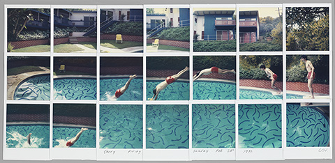 <em>Jerry Diving Sunday Feb. 28<sup>th</sup> 1982</em>, 1982, David Hockney, composite Polaroid. 10 ½ x 24 ½ in. Courtesy of the artist. © David Hockney. Photo credit: Richard Schmidt