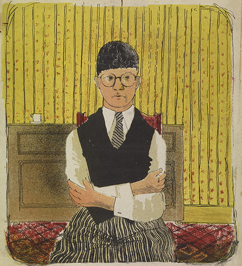 <em>Self Portrait</em>, 1954, David Hockney, lithograph in five colors. 11 ½ x 10 ¼ in. Courtesy of the David Hockney Foundation.  © David Hockney. Photo credit: Richard Schmidt