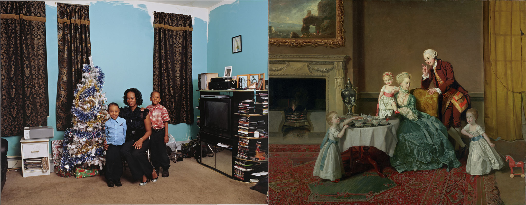 Coulson Family, 2008, Deana Lawson. Pigment print, 33 1/8 × 43 1/8 in. Getty Museum, Los Angeles, 2021.53.2. © Deana Lawson and John, Fourteenth Lord Willoughby de Broke, and His Family, about 1766, Johann Zoffany. Oil on canvas, 40 1/8 × 50 1/8 in. Getty Museum, 96.PA.312