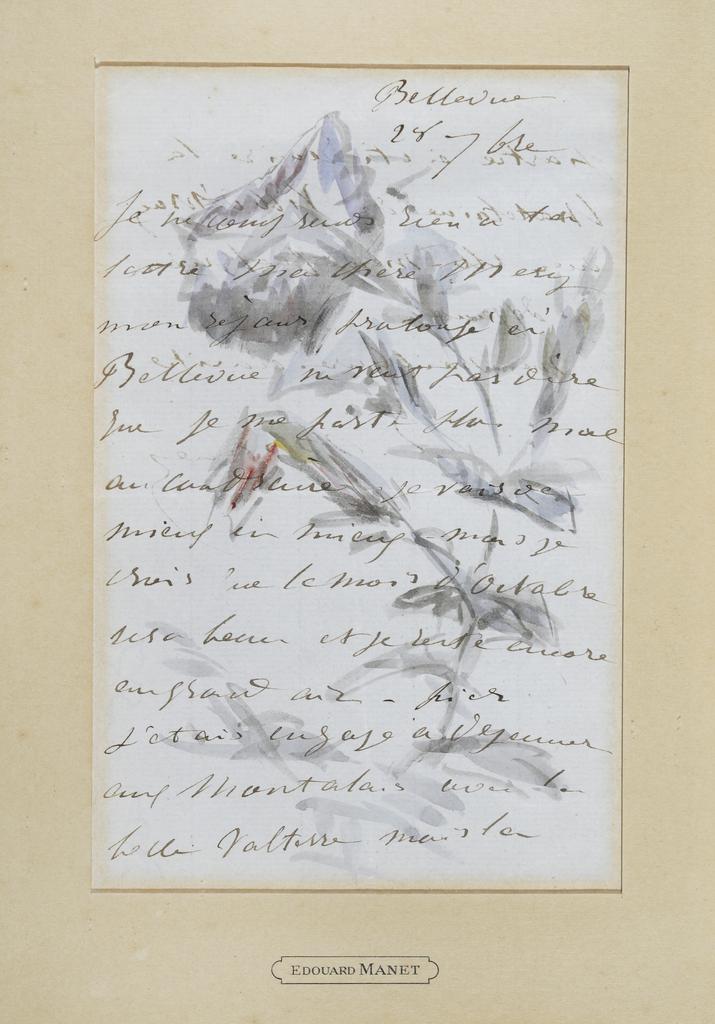 Letter to Méry Laurent, Decorated with Morning Glories, September 28, 1880, Édouard Manet, watercolor (design), and pen and ink (text). Chancellerie des Universités de Paris, Bibliothèque littéraire Jacques Doucet, Paris. Photo: Suzanne Nagy