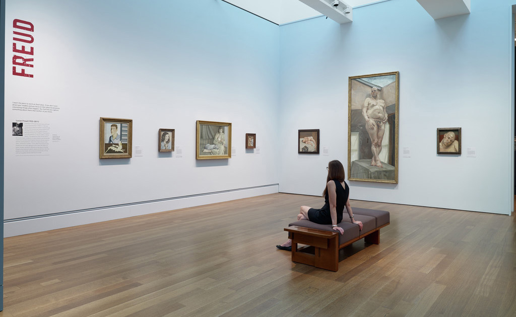 The Lucian Freud gallery, from left to right: Man with a Thistle (Self- Portrait), 1946; Girl with a Kitten, 1947; Girl with a White Dog, 1950-51, © Tate, London; Girl in a Striped Nightshirt, 1983-85; Naked Portrait, 1972-73; Leigh under the skylight, 1994, Private Collection; Leigh Bowery, 1991. Unless otherwise noted, all works are lent by Tate and © Lucian Freud Archive / Bridgeman Copyright Service