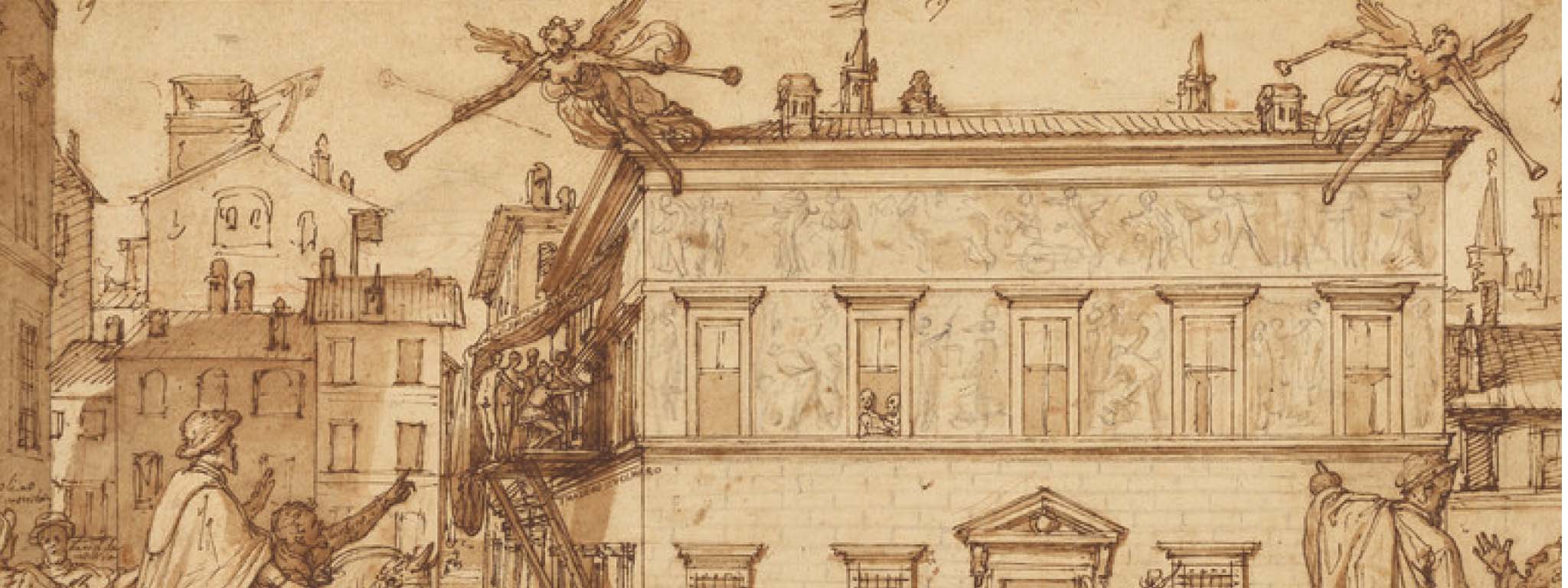 Taddeo Decorating the Facade of the Palazzo Mattei, about 1595, Federico Zuccaro, pen and brown ink and brush with brown wash over black chalk and touches of red chalk. Getty Museum