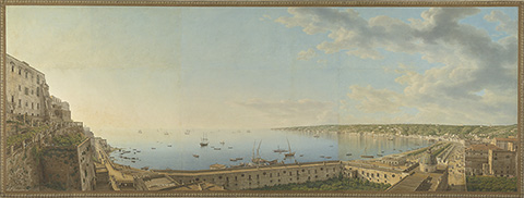 <em>A View of the Bay of Naples, Looking Southwest from the Pizzofalcone towards Capo di Posilippo</em>, 1791, Giovanni Battista Lusieri; watercolor, opaque watercolor, graphite, and pen and ink on six sheets of paper. The J. Paul Getty Museum