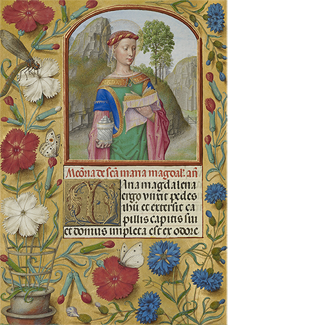 <em>Mary Magdalene with a Book and an Ointment Jar</em>, from the Spinola Hours, about 1510-20, Bruges and Ghent, Workshop of the Master of the First Prayer Book of Maximilian. The J. Paul Getty Museum