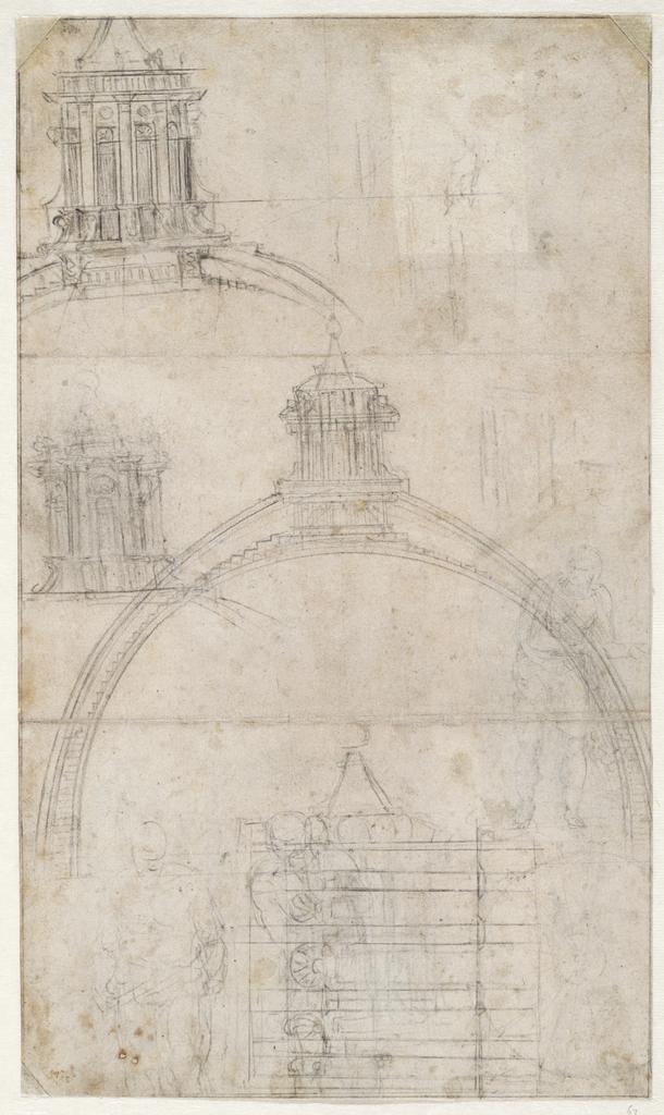 Section through the Dome of Saint Peter’s Basilica with Alternative Designs for the Lantern; Figure Sketches, 1547–61, Michelangelo Buonarroti, black chalk, leadpoint, and stylus. Teylers Museum, Haarlem. Purchased in 1790. © Teylers Museum, Haarlem