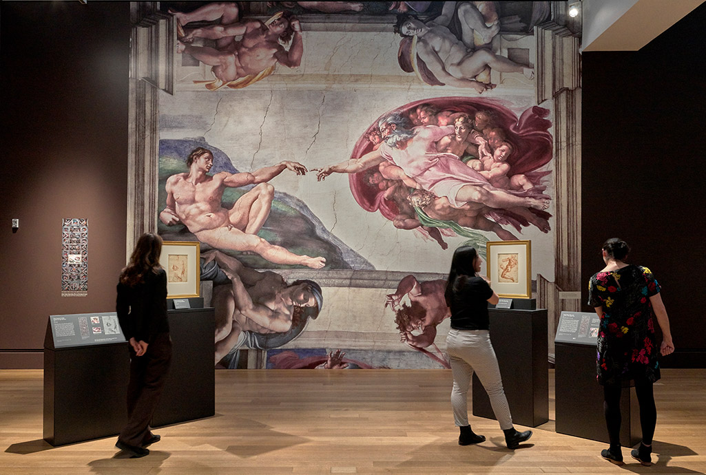 Gallery view, left to right: Male Head in Profile; Studies of Legs and Feet, 1511; and Seated Male Nude, and a Study of His Right Arm, 1511. Teylers Museum, Haarlem