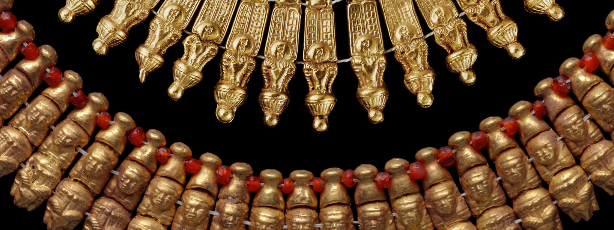 Details of Nubian necklaces, Top: AD 40–50, gold; Bottom: 270–50 BC,  gold and cornelian. Museum of Fine Arts, Boston. Harvard University-Boston Museum of Fine Arts Expedition. Photograph © Museum of Fine Arts, Boston