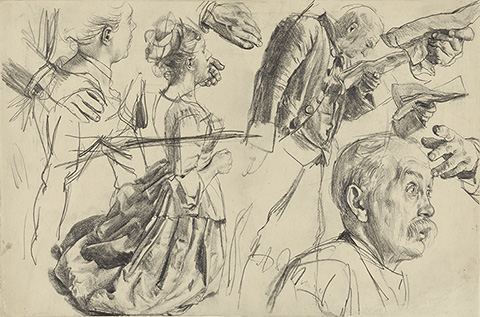 Study for Heinrich von Kleist’s “The Broken Jug,” about 1877, Adolf von Menzel; graphite. The J. Paul Getty Museum, Gift of Dr. Richard A. Simms in honor of Lee Hendrix