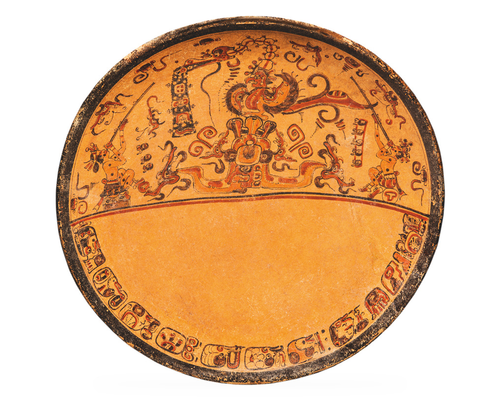Plate with Hunters Shooting a Supernatural Bird, Maya, 600–900 CE. Terracotta. Museo Maya de Cancún, Secretaría de Cultura-Instituto Nacional de Antropología e Historia. Image: © D.R. Secretaría de Cultura-INAH- MEX. Ignacio Guevara