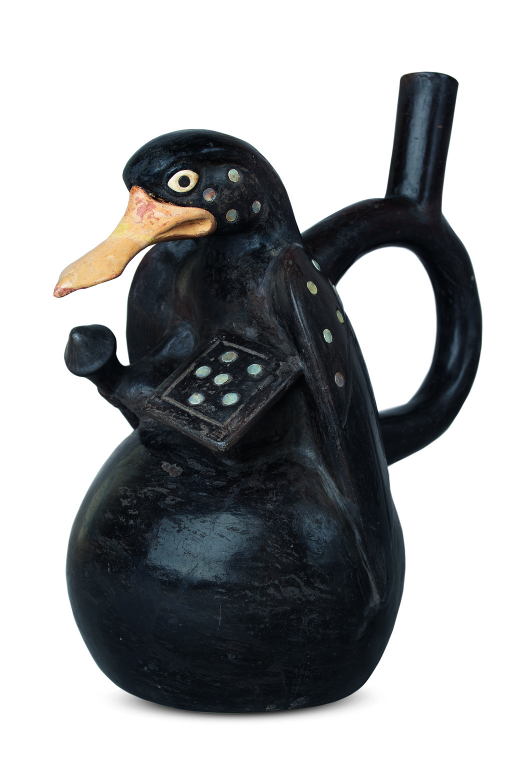 Vessel in the Form of a Warrior Duck, Moche, 500–650 CE. Terracotta, with mother of pearl inlay. Museo Arqueológico “Santiago Uceda Castillo”. Ministry of Culture of Peru