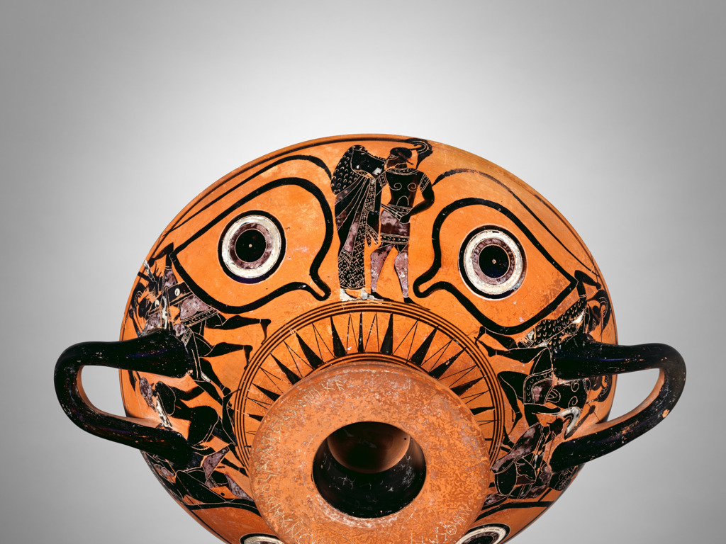 Cup with Helen and Menelaos between Battle Scenes, Greek, 540–530 BCE. Terracotta. The Metropolitan Museum of Art, New York. Rogers Fund, 1944, 44.11.1. Image: www.metmuseum.org