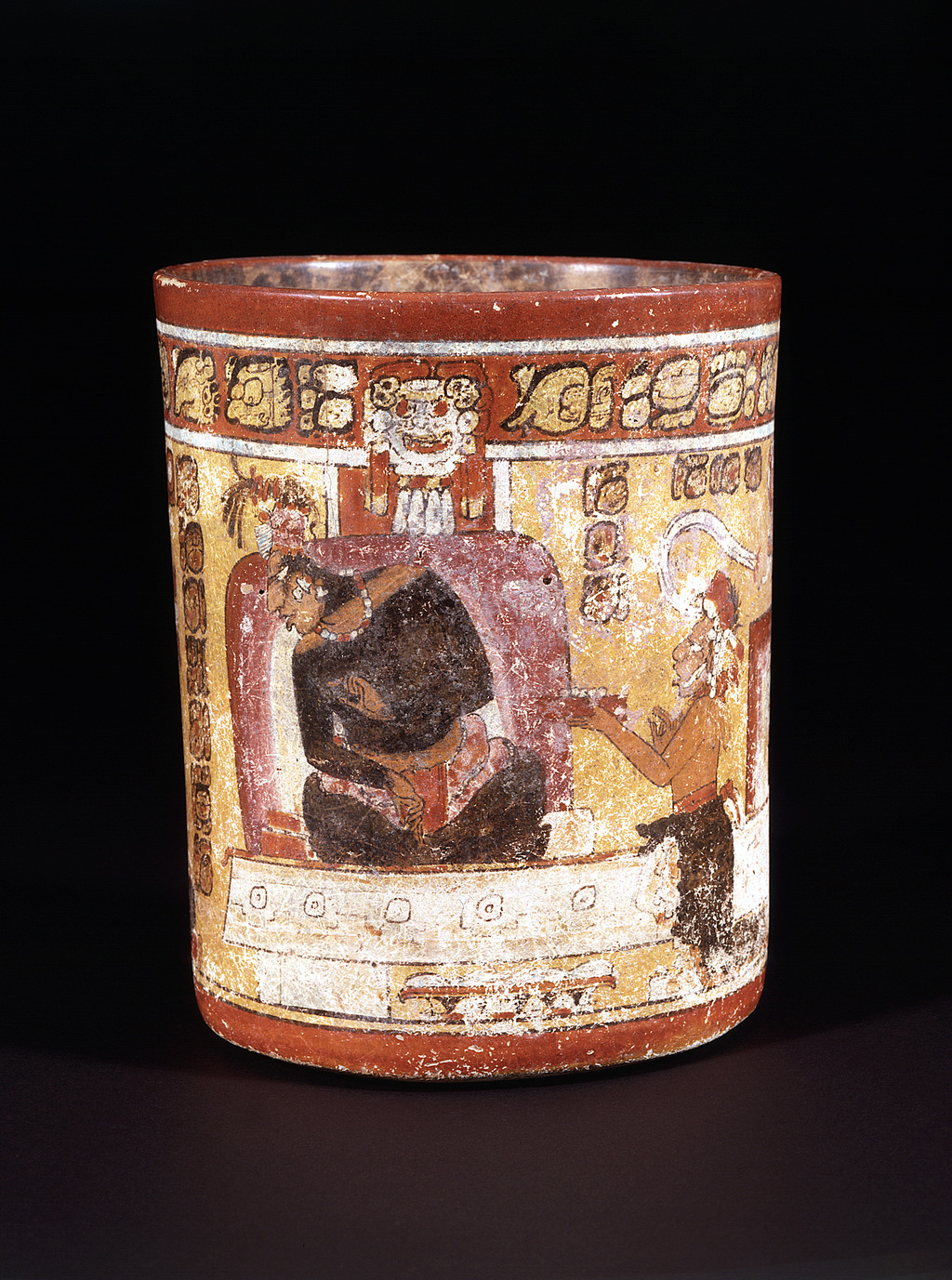Drinking Vessel with a Palace Scene, Maya, 650-750CE, signed by Kuluub as painter. Terracotta. Dumbarton Oaks Research Library and Collection, Pre-Columbian Collection, Washington, D.C. Photo by Justin Kerr. Justin Kerr Maya archive, Dumbarton Oaks, Trustees for Harvard University, Washington, D.C