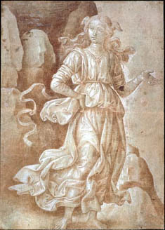Giovanni Santi. A Woman Standing Before Rocks.  Royal Collection copyright 2000 Her Majesty Queen Elizabeth II