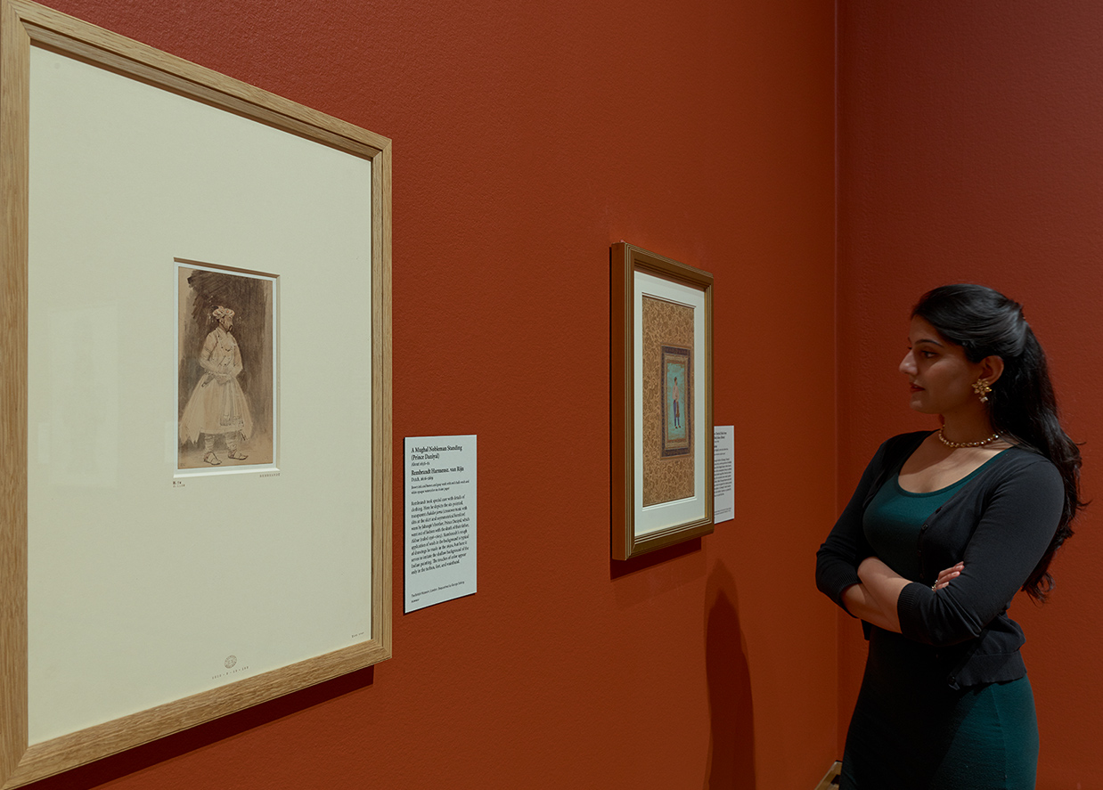 Left: A Mughal Nobleman Standing (Prince Daniyal), 1606–1669, Rembrandt Harmensz. van Rijn. Brown ink and brown and gray wash with red chalk wash and white opaque watercolor on Asian paper. The British Museum, London. Bequeathed by George Salting Right: Prince Daniyal (folio from the Shah Jahan Album), about 1590–1600, Manohar. Ink, opaque watercolor, and gold on paper. Lent by The Metropolitan Museum of Art, Purchase, Rogers Fund and The Kevorkian Foundation Gift, 1955 (55.121.10.32)