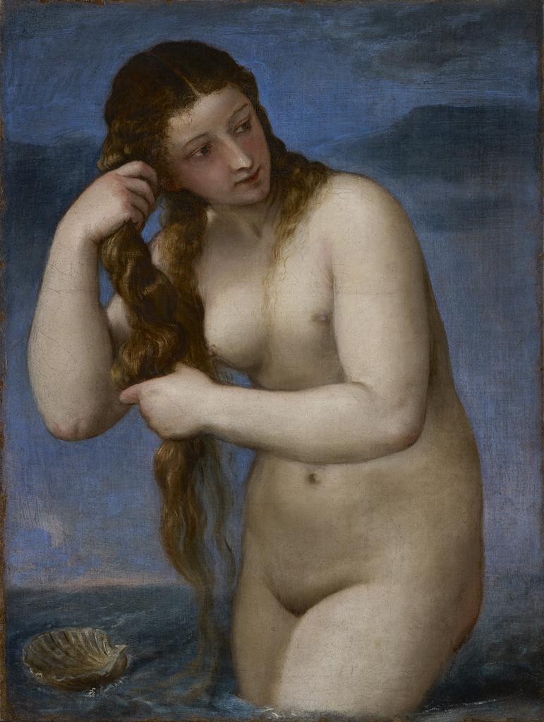 Venus Rising from the Sea (Venus Anadyomene), about 1520, Titian (Tiziano Vecellio), oil on canvas. National Galleries of Scotland, Edinburgh. Accepted in lieu of Inheritance Tax by HM Government (hybrid arrangement) and allocated to the Scottish National Gallery, with additional funding from the Heritage Lottery Fund, the Art Fund (with a contribution from the Wolfson Foundation), and the Scottish Executive, 2003