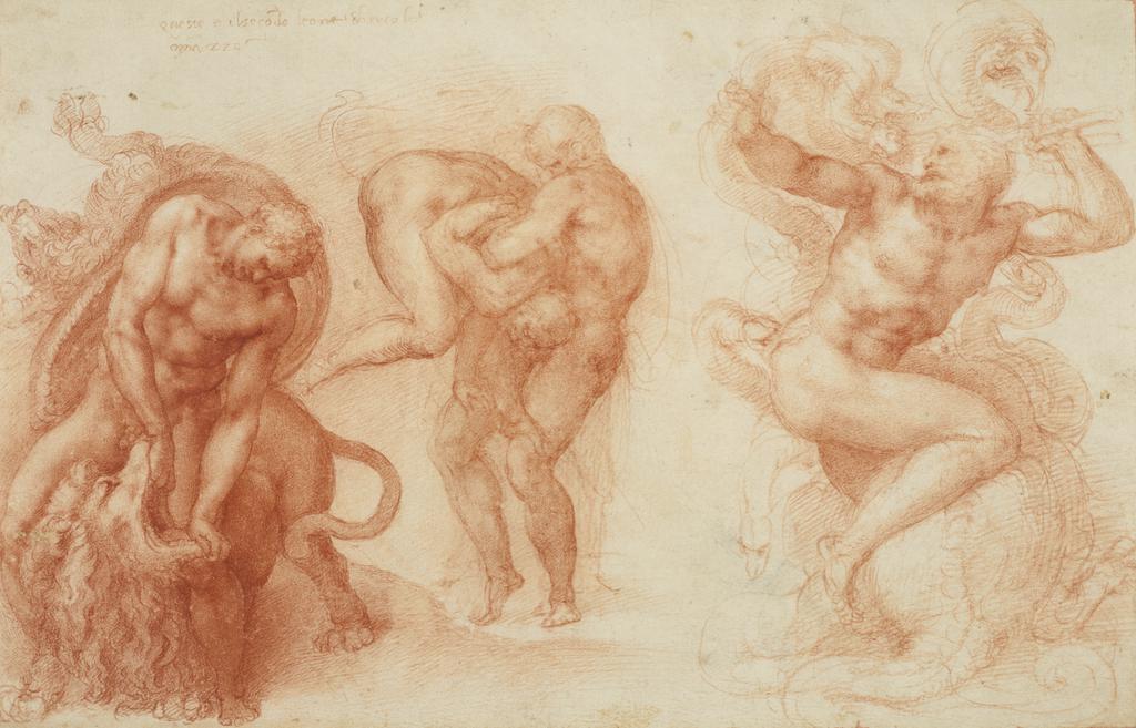 Three Labors of Hercules, about 1530, Michelangelo Buonarroti, red chalk. Image: Royal Collection Trust / © Her Majesty Queen Elizabeth II 2018