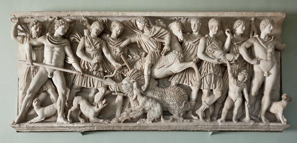 Sarcophagus Panel with the Calydonian Boar Hunt, Roman, AD 280-290, marble with modern restorations. From the Woburn Abbey Collection, Bedfordshire, UK