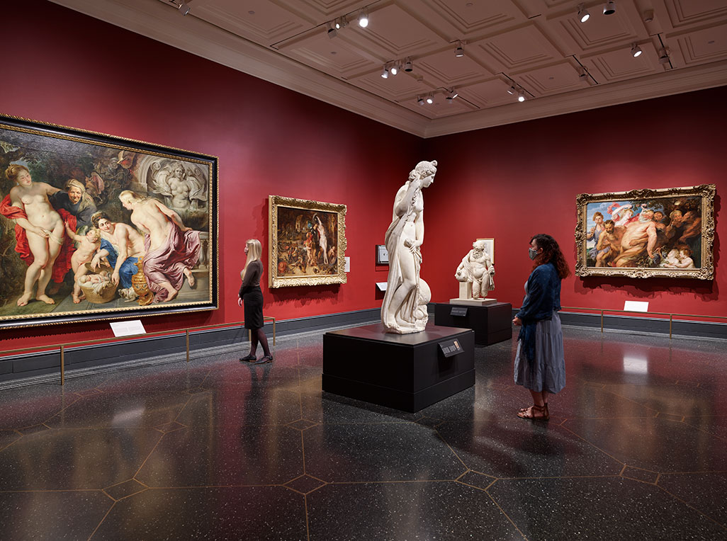Gallery view, left to right: The Discovery of the Infant Erichthonius, about 1616, Peter Paul Rubens (Liechtenstein: The Princely Collections, Vaduz-Vienna); The Return from War: Mars Disarmed by Venus, about 1610-12, Peter Paul Rubens (Getty Museum. Acquired in honor of John Walsh); Venus, AD 100-200, Roman (Getty Museum); Silenus with a Wineskin, AD 200-300, Roman (Skulpturensammlung, Staatliche Kunstsammlungen Dresden); Drunken Silenus, about 1620, Workshop of Peter Paul Rubens or possibly Anthony van Dyck (The National Gallery, London. Bought, 1871)