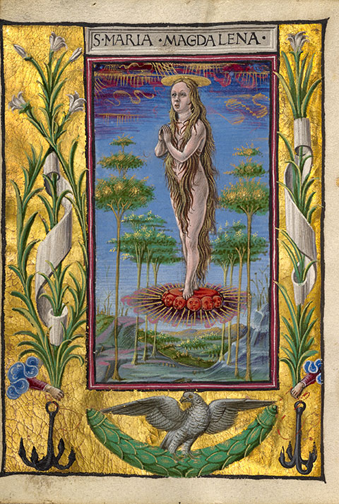 <em>Mary Magdalene Borne Aloft</em>, from the <em>Gualenghi-d’Este Hours</em>, about 1469, Ferrara, Taddeo Crivelli. The J. Paul Getty Museum