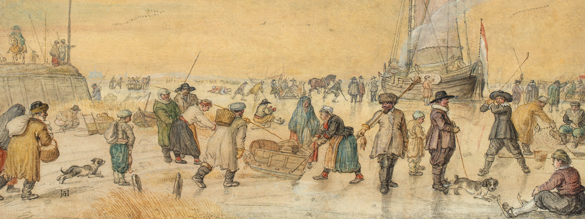 Skaters, Colf Players, and Sleighs on a Frozen River with a Ship at Right and a Dike at Left, 1624, Hendrick Avercamp. Translucent and opaque watercolor and pen and brown ink, over traces of graphite. Private collection