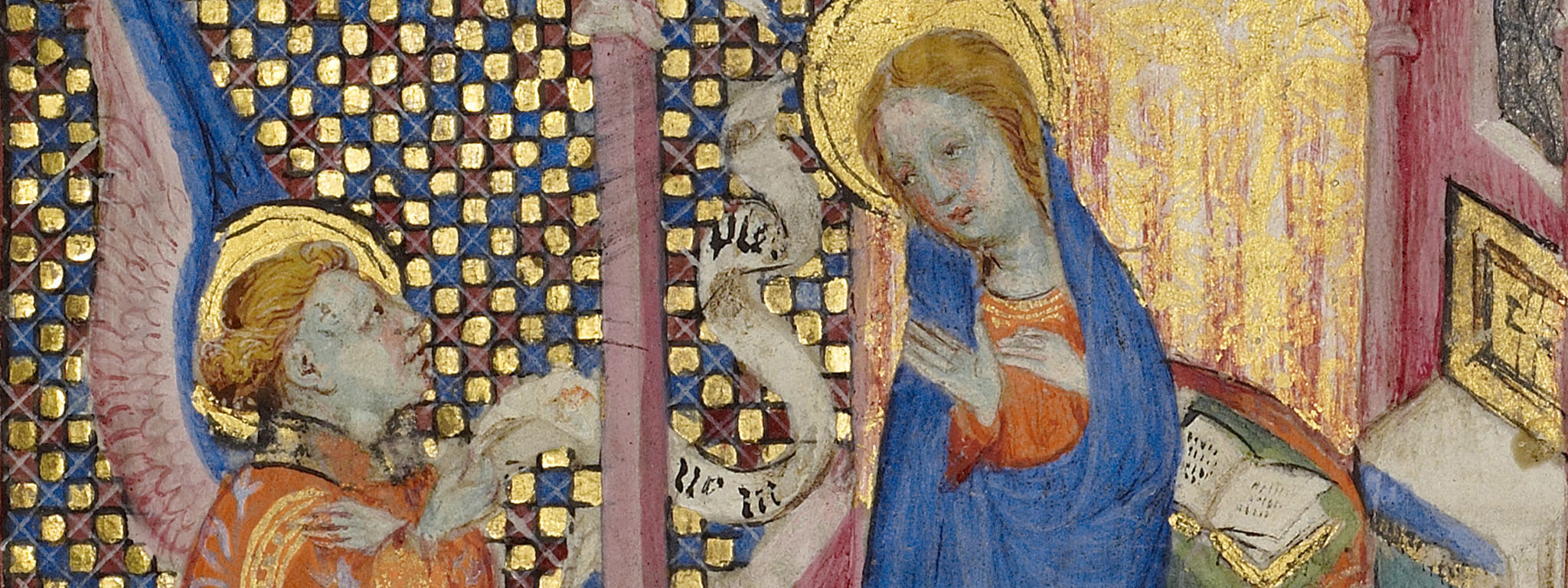 The Annunciation (detail), from a book of hours (text in Latin), Paris or Bourges, about 1390, artist unknown. The J. Paul Getty Museum