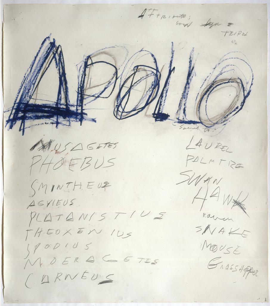 Apollo, 1975, Cy Twombly. Oil stick, graphite, and oil paint on paper. Collection Cy Twombly Foundation. © Cy Twombly Foundation. Photograph: Mimmo Capone