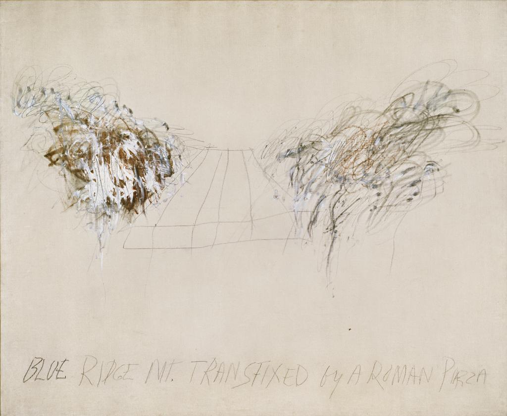 Blue Ridge Mountains Transfixed by a Roman Piazza, 1962, Cy Twombly. Oil paint, wax crayon, and graphite on canvas. John & Melissa Ceriale, Palm Beach, Florida. © Cy Twombly Foundation