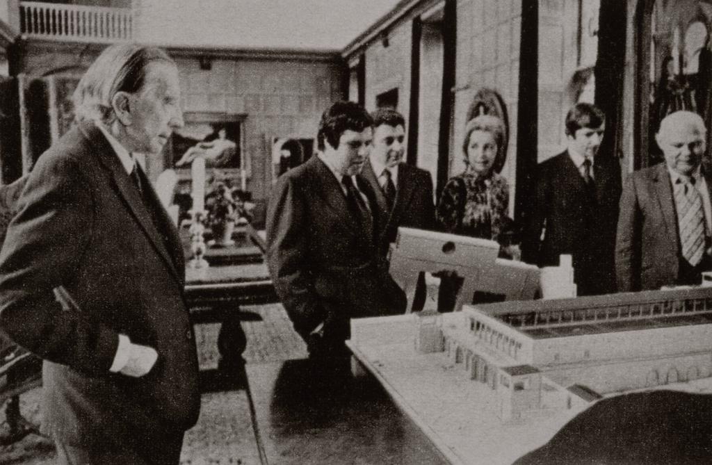 J. Paul Getty viewing Villa model, about 1971.