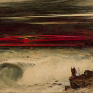 Crop of watercolor in brown tones of Moses overlooking the sea with a glowing orange sun and pyramids in the distance.