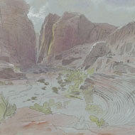 Drawing in soft pastel colors of the rocks of Petra, Jordan, with an ampitheater surrounded by brush leading to a path through two large rock formations