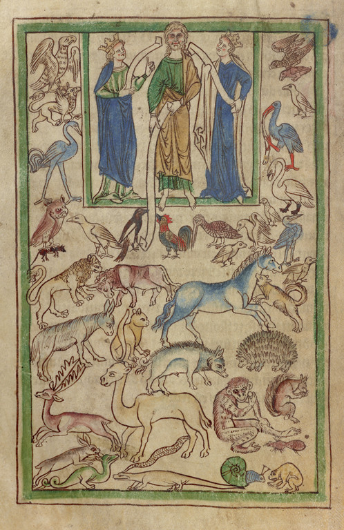 Medieval drawing of a robed man facing the viewer with robed women facing him on either side and a diversity of animals below