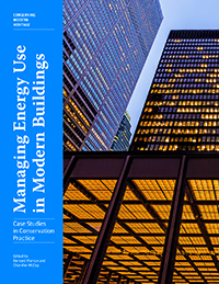 book cover with blue vertical border on left and image of steel building on right