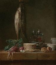 Still Life with Fish, Vegetables, Gourgères, Pots, and Cruets on a Table / Chardin