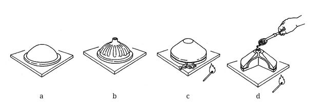 Four steps show a wax model, a clay mold shaped over it, wax melted and drained to leave a cavity, and molten glass poured in to form the final glass object.