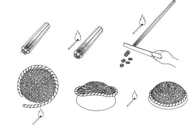 Six steps show bundled rods heated, fused, stretched, and then sliced into smaller disks. The disks are arranged in a circular frame and heated.