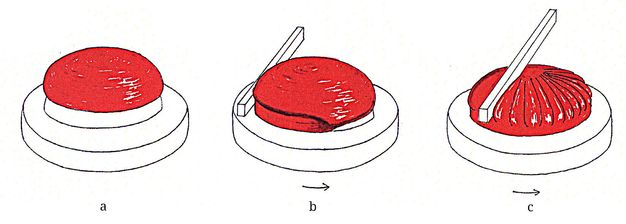 Three steps show a red glass blank placed in a mold, pressed, and rotated with a tool. The tool is pressed on the blank to form ribs along the surface.