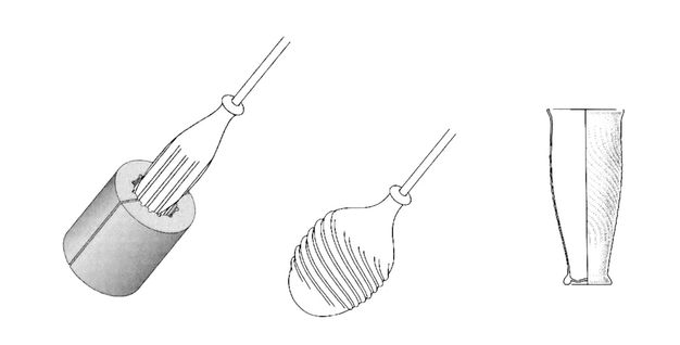 Three steps show partially inflated glass dipped into an open mold, picking up the surface texture, removed from the mold, and shaped into a finished vessel.