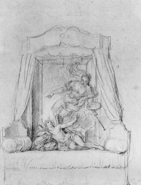 Preparatory line drawing of the painting shown in Figure 10. The painter’s canopy bed is depicted in front and below the painting and following the same orientation, parallel to the wall.
