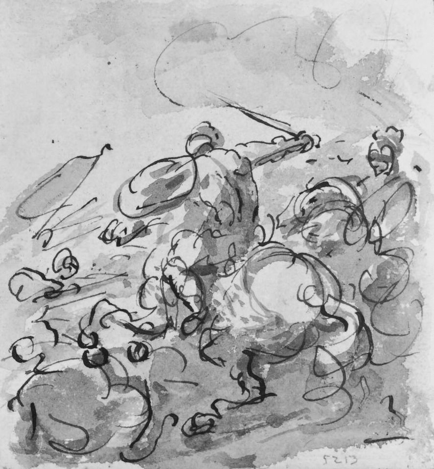 Ink drawing of a person on a horse brandishing a weapon above those who surround him.