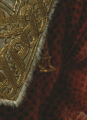Detail of the portrait from Figure 175 showing the seals of a metal watch hanging below the waist and beneath the waistcoat.