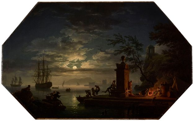 Painting featuring a port scene at night. To the left, groups of people are shown loading boats under the moonlight while, on the right, individuals gather around a fire.