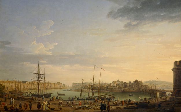 Painting of the Normandy port at dawn. People are shown on the dock offloading fish from sailboats and stowing the fishing nets.