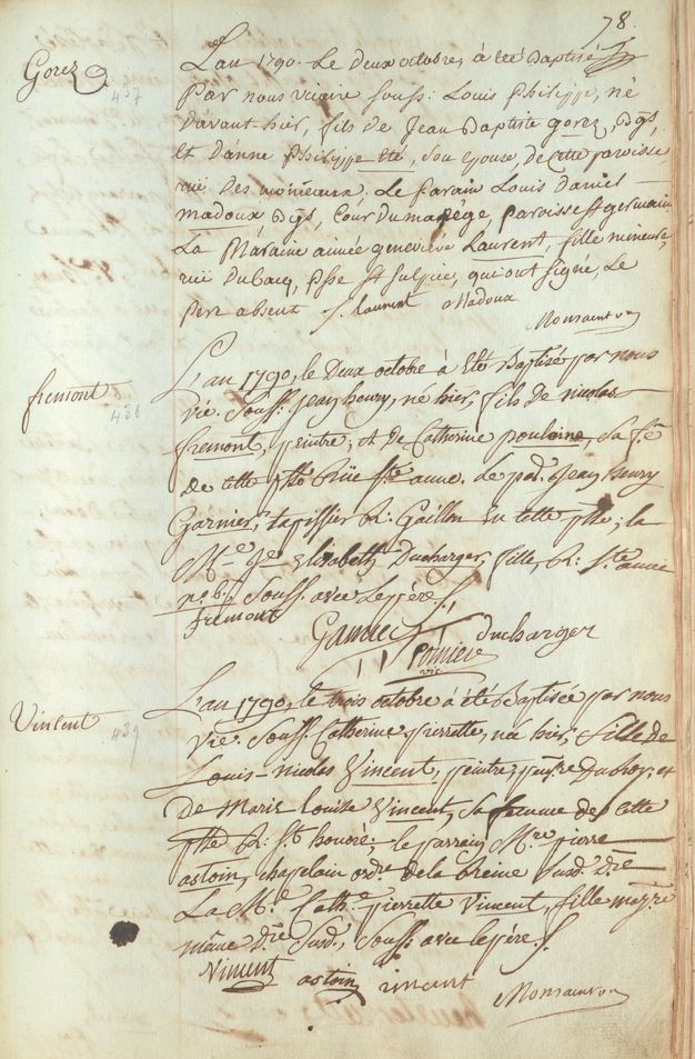 Cream-colored folio with handwritten text in black. The body of the text is aligned to the right of the page, and a last name is included to the left for each of the three entries.