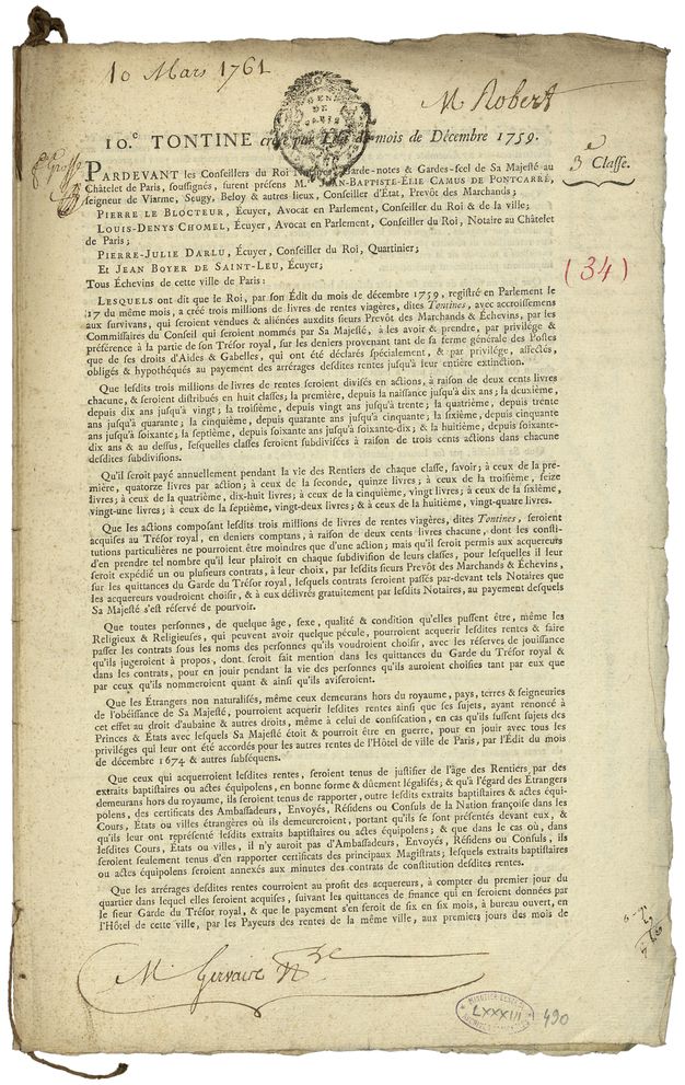Typed folio with handwritten notes in black and red in the margins, a signature at the bottom, and a stamp on the title.