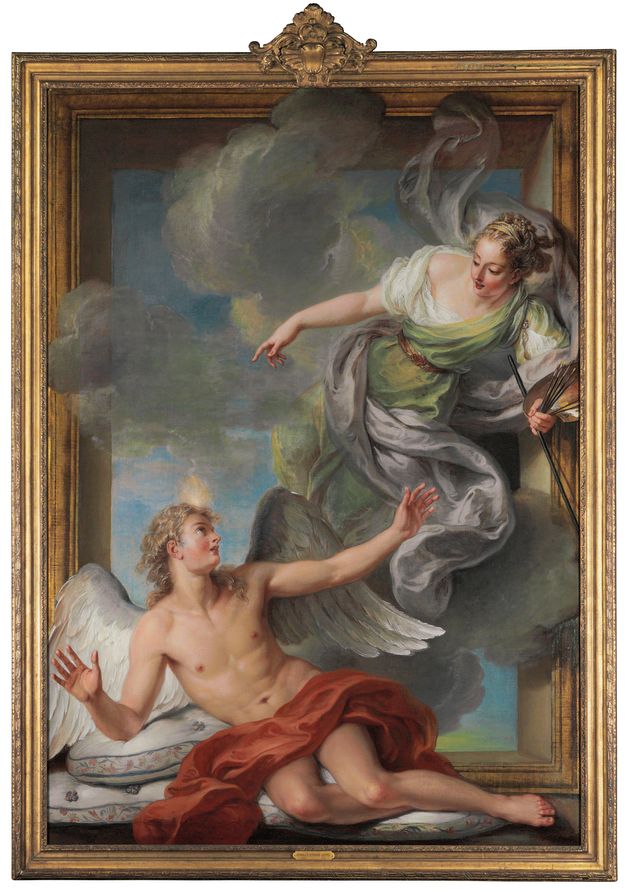 Painting of a woman standing on clouds and descending upon a winged man who reclines on cushioned surfaces. The figures appear to be leaning out of the frame.