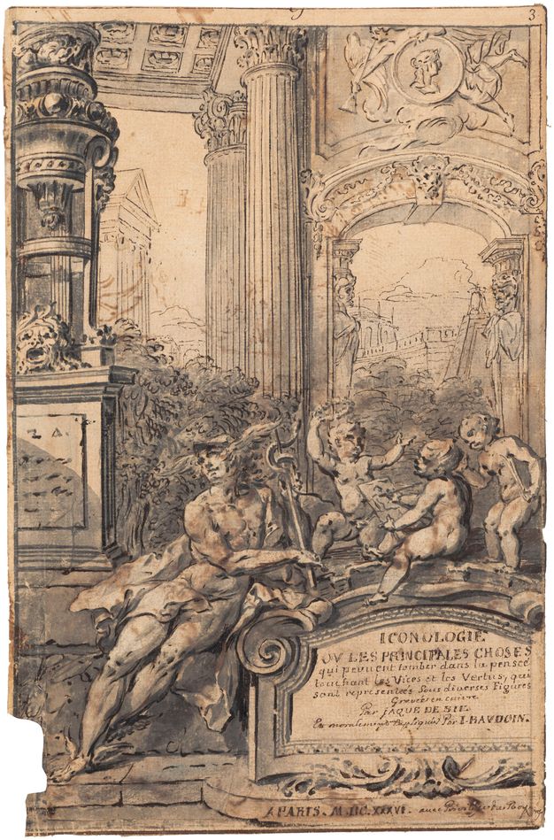 Frontispiece featuring a man wearing a winged cap who reclines on a headstone with inscriptions that refer to the title of the volume. Three cherubs are shown to the right of the man, standing on top of the stone, painting and playing a musical instrument. The scene is set in an ancient Roman architectural environment.