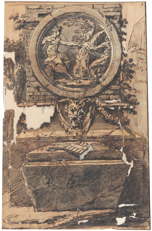 Ink illustration of a funerary monument consisting of a sarcophagus and a rounded plaque showcasing a neoclassical-style scene on the wall behind it, and, underneath, a grotesque mask.