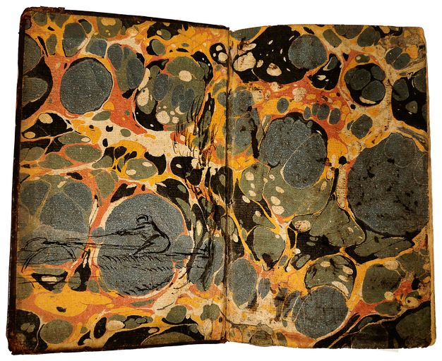 Open book showing marbled endpapers. The page on the left features an ink drawing of a person rowing.